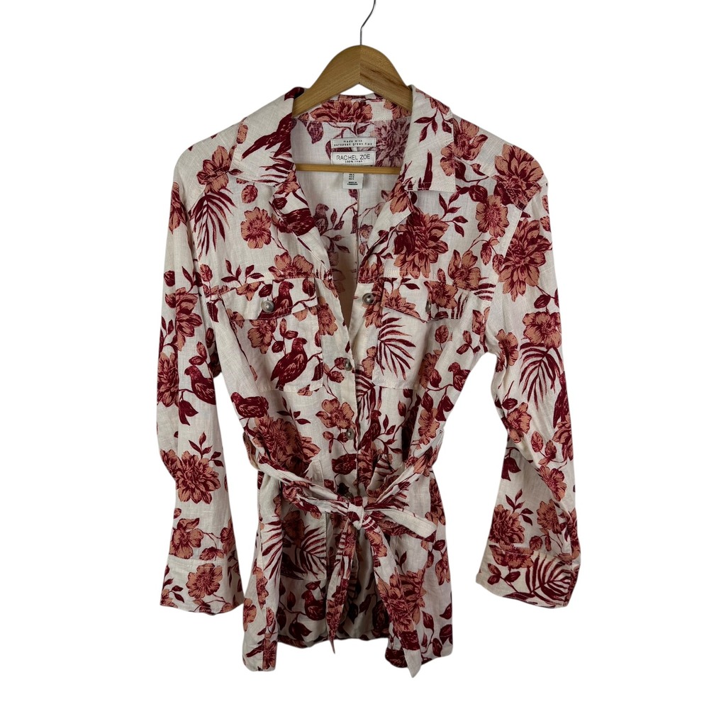 Rachel Zoe Linen Floral Bird Print Button Front Belted Shirt Jacket Small Resort